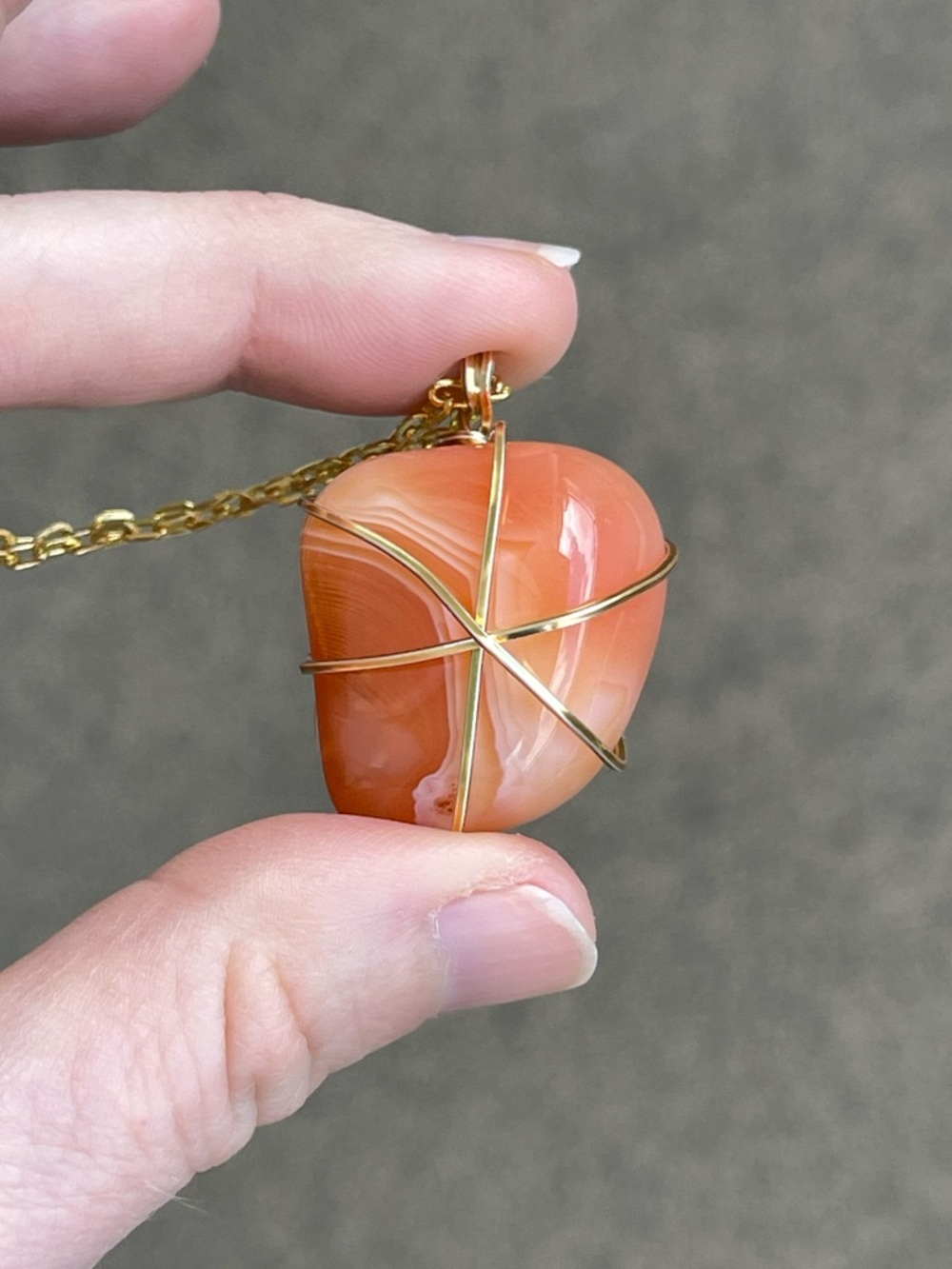 Orange Carnelian Gold Tone wire wrapped necklace